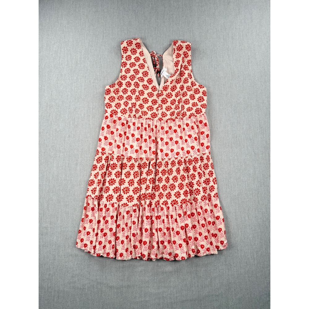 Japna Red Floral Tiered Sleeveless‎ Mini Dress V-Neck Tie Back Cream Large
